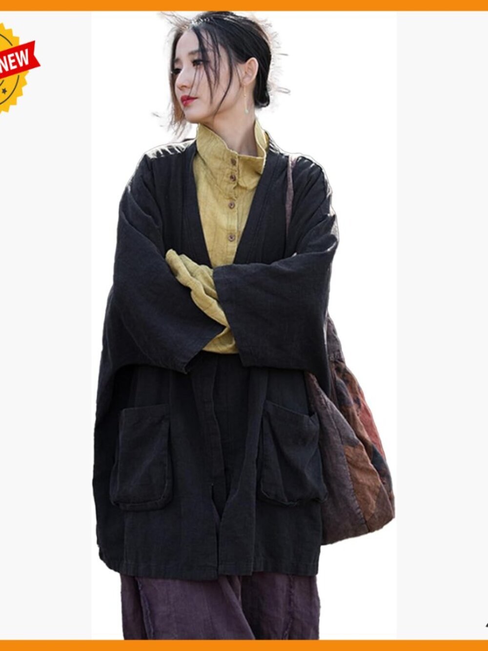 Oversized Ramie Cardigan Jacket with Pockets, Kimono Sleeves, Loose Fit